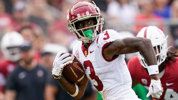 Southern California wide receiver Jordan Addison (3) runs after catching a pass to score a 22-yard touchdown against Stanford during the first half of an NCAA college football game in Stanford, Calif., Saturday, Sept. 10, 2022. (AP Photo/Godofredo A. Vásquez)