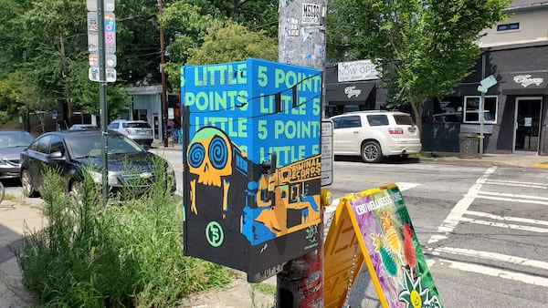 An Little Five Points utility box painted by Petie Parker.