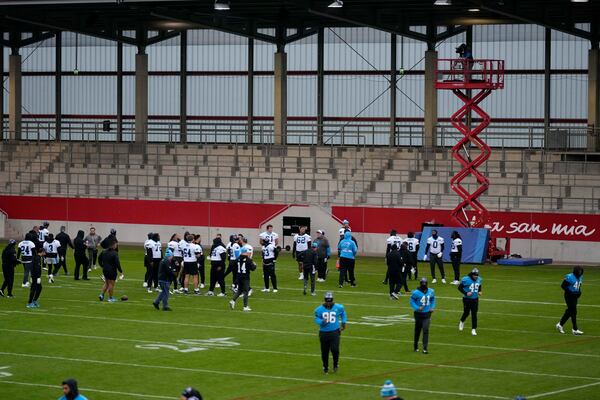 Carolina Panthers players practice during a training session in Munich, Germany, Friday, Nov. 8, 2024. The Carolina Panthers are set to play the New York Giants in an NFL game at the Allianz Arena in Munich on Sunday Nov. 10. (AP Photo/Matthias Schrader)