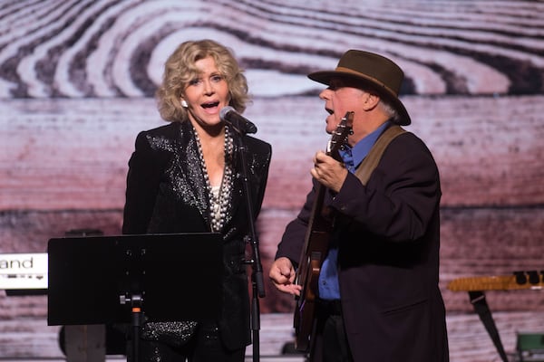 Jane Fonda and Jim Averitt sing to Ted Turner during Turner's 80th birthday party at the St. Regis Atlanta hotel, Saturday, Nov. 17, 2018.  (Photo: BRANDEN CAMP/SPECIAL TO THE AJC)