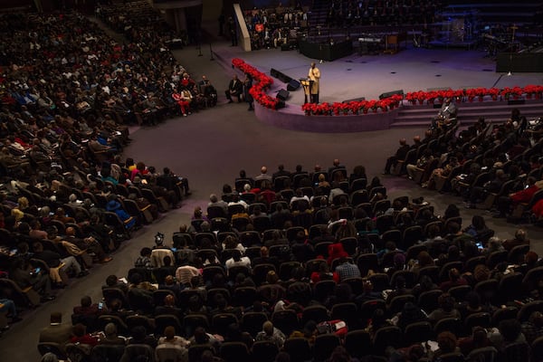 Nearly every chair was filled in New Birth Missionary Baptist’s 10,000-seat sanctuary when new Senior Pastor Jamal Bryant delivered his inaugural sermon earlier this month. Membership had declined from a high of 25,000 to 10,000 after an onslaught of scandals and lawsuits began to strike the church a decade ago. STEVE SCHAEFER / SPECIAL TO THE AJC