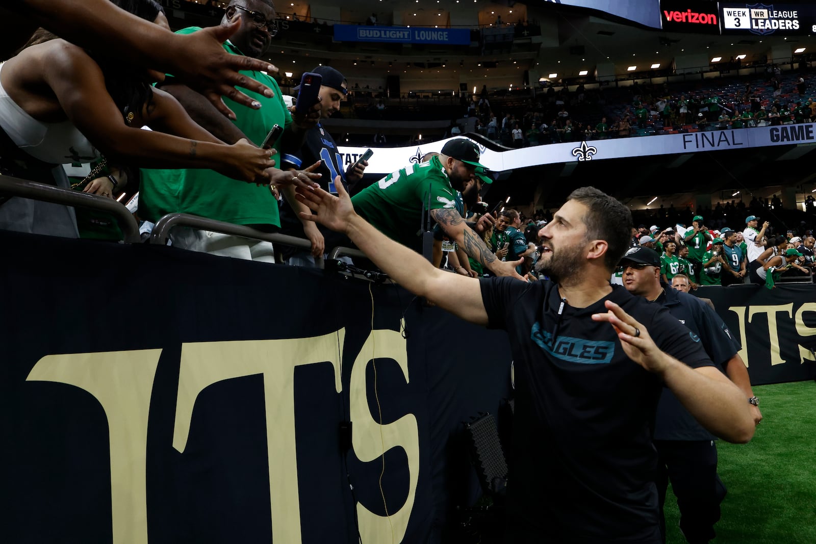 Philadelphia Eagles head coach Nick Sirianni leaves the field after a win over the New Orleans Saints in an NFL football game in New Orleans, Sunday, Sept. 22, 2024. (AP Photo/Butch Dill)