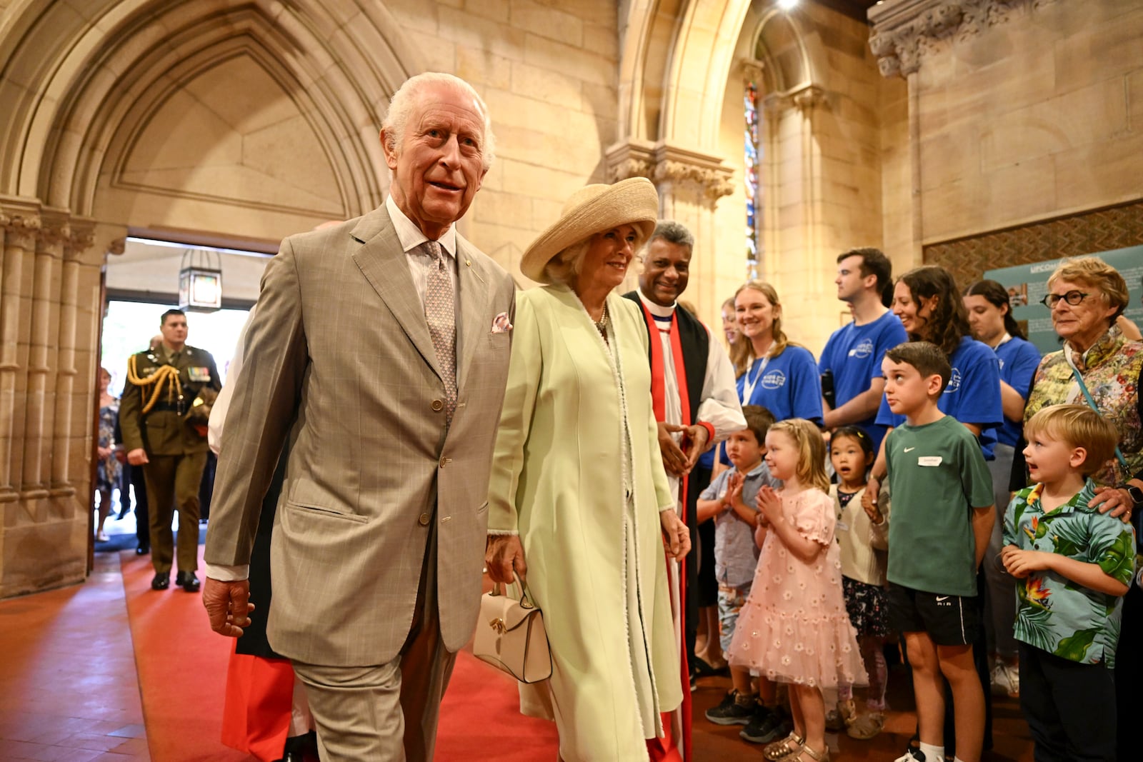 King Charles III and Queen Camilla arrive for a visit to St Thomas' Anglican Church in Sydney, Sunday, Oct. 20, 2024. (Dean Lewins/Pool Photo via AP)