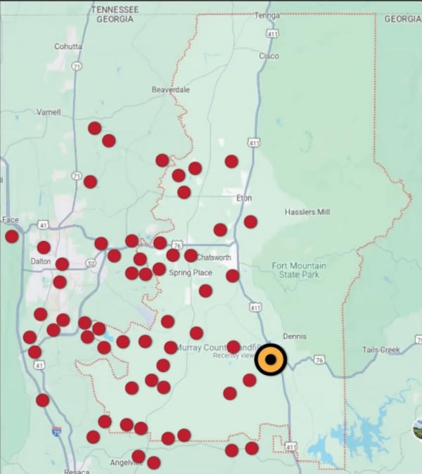 Murray County's lawsuit includes a map showing dozens of water sources near the county landfill that it says have high levels of PFAS. Courtesy of Murray County