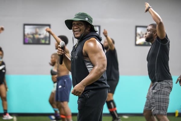 Kendrick “Dooley” Loucious (right), fitness trainer and founder of E.F.F.E.C.T. Fitness, teaches a class at the gym in Atlanta’s Sylvan Hills community, Friday, June 12, 2020. Photo: ALYSSA POINTER / ALYSSA.POINTER@AJC.COM