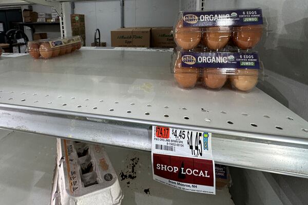 Eggs sit for sale on a shelf at grocery store, Monday, Jan. 27, 2025, in Windham, Maine. (AP Photo/Robert F. Bukaty)