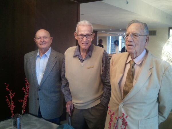 Atlanta firefighters R. B. Sprayberry, Rick Roberts, and James Smith responded to the Winecoff Hotel fire on Dec. 7, 1946. They were photographed at a 2011 reunion of survivors and the living firefighters who were at the Winecoff that night. Rick Roberts died in 2012. James Smith died in 2013. R.B. Sprayberry, the last surviving firefighter, died in 2018.