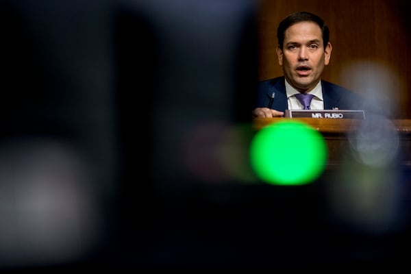 FILE - Sen. Marco Rubio, R-Fla., questions State Department Special Representative for Venezuela Ambassador Elliott Abrams during a Senate Foreign Relations Committee hearing on Capitol Hill in Washington, Aug. 4, 2020. (AP Photo/Andrew Harnik, File)