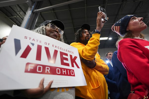 Supporters of Vivek Ramaswamy listen as he announces his candidacy for Ohio governor, Monday, Feb. 24, 2025, in West Chester Township, Ohio. (AP Photo/Kareem Elgazzar)