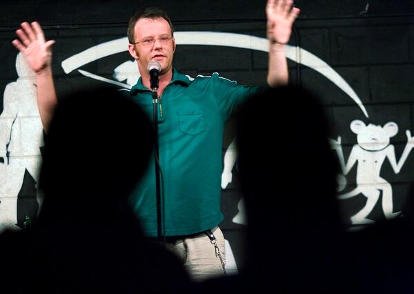 080612 ATLANTA--  Matt Pharr (cq) perfoms during the weekly Under-Promoted Comedy Show at Relapse Theatre in Atlanta on Thursday, June 12, 2008. Owner Bob Wood said he opened the venue--in what was once a church and homeless shelter on 14th Street--to give local comedians, actors and others a place to perform. Allen Sullivan / AJC  *Allen's cell phone: (404) 345-9995