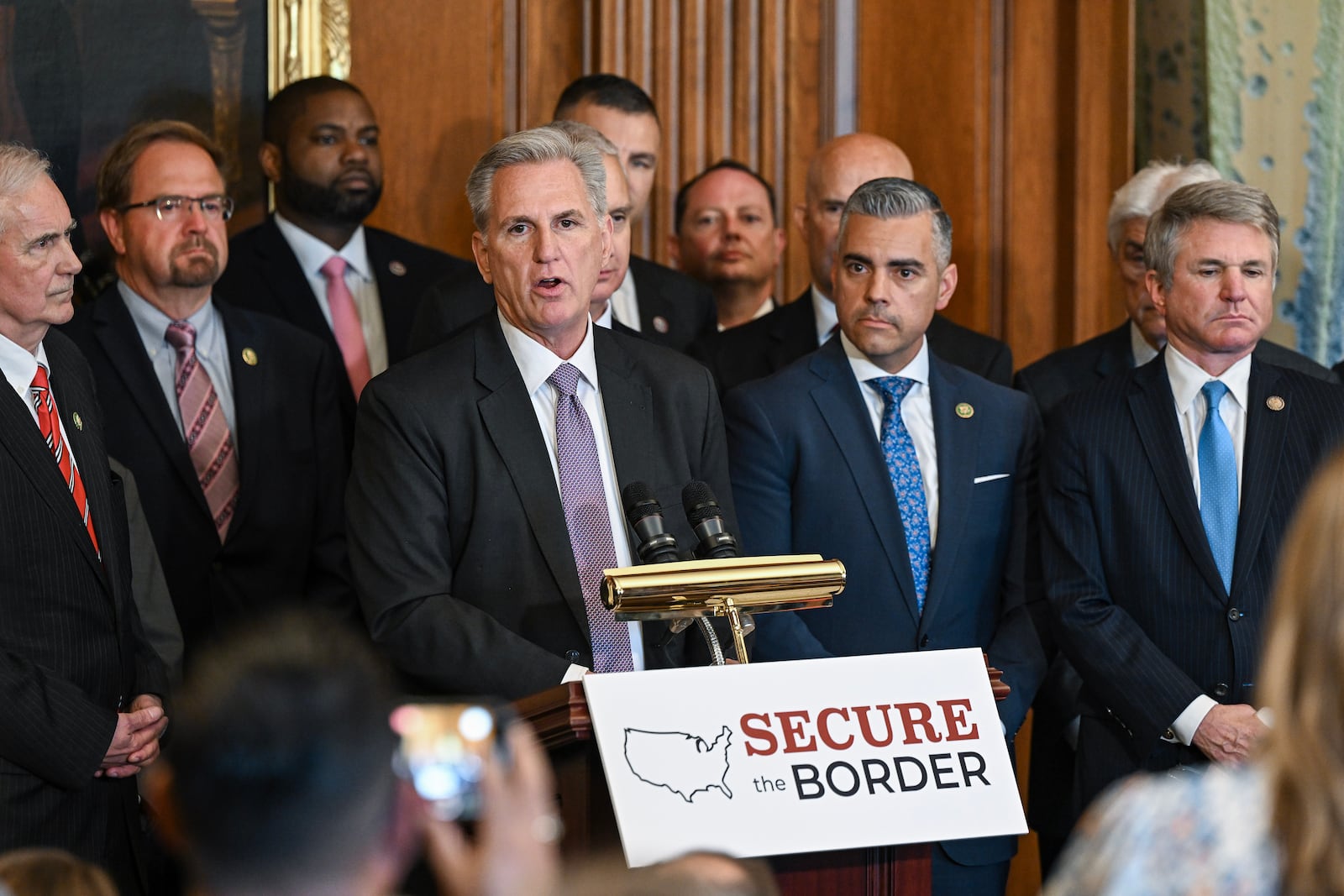 House Speaker Kevin McCarthy, R-Calif., speaks at a news conference after Republicans pushed through a sweeping immigration bill at the Capitol in Washington, May 11, 2023. (Kenny Holston/The New York Times)
                    
                      