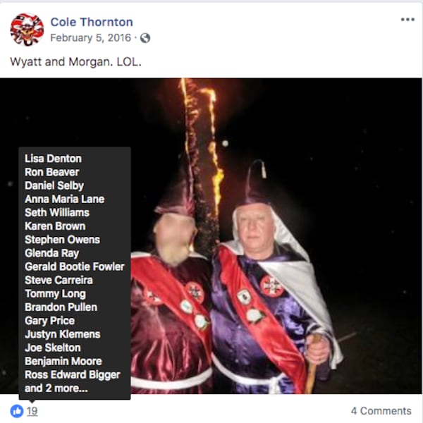 Cole Thornton's Facebook account posted this photo in February 2017, which officer Tommy Long's Facebook page liked, HuffPost reported. (Photo: HuffPost)