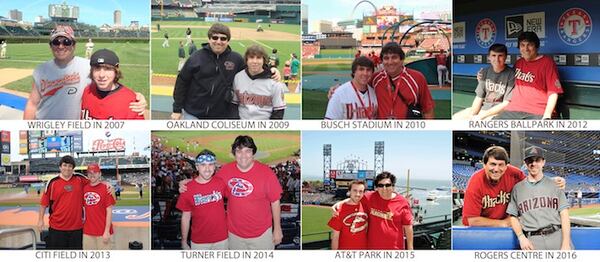 In these photos provided by Frank Gennario Jr., Frank Gennario Jr. and his son, Tony, pose at various ballparks. Frank Gennario lost his father to bone cancer when he was 16, and he clings tightly to memories of their days at Yankee Stadium. When Frank's only son was nearing the same age, it became critical to him that they build those same ballpark memories. So the pair set a goal: see their beloved Arizona Diamondbacks play in every big league park. Ten years later, they have completed their quest. (Frank Gennario Jr. via AP)