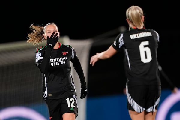 Arsenal's Frida Leonhardsen Maanum celebrates after scoring during the women's Champions League soccer match between Juventus and Arsenal at the Vittorio Pozzo La Marmora Stadium in Biella, Italy, Tuesday, Nov. 12, 2024. (Fabio Ferrari/LaPresse via AP)