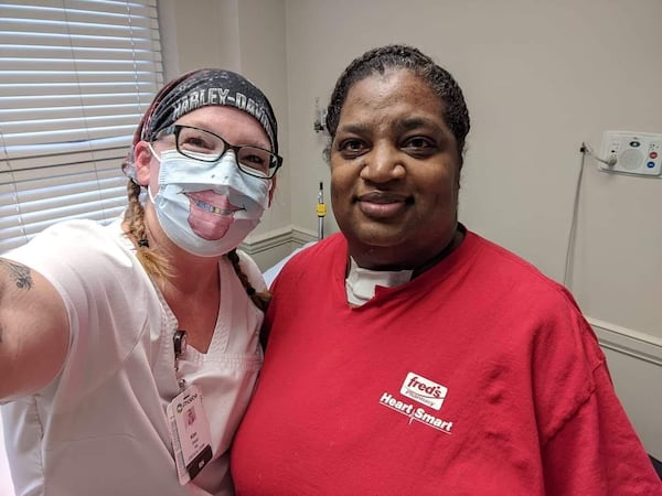 Kim Sloan, an intensive care nurse at Phoebe Putney Memorial Hospital, and patient Laconyea Lynn, shortly before she was discharged.“The doctors and nurses, Nurse Kim, they were so compassionate. I don’t think I would have made it without them. I’m thankful they are part of my life,” said Lynn. Lynn and Sloan now keep in touch on Facebook.CONTRIBUTED