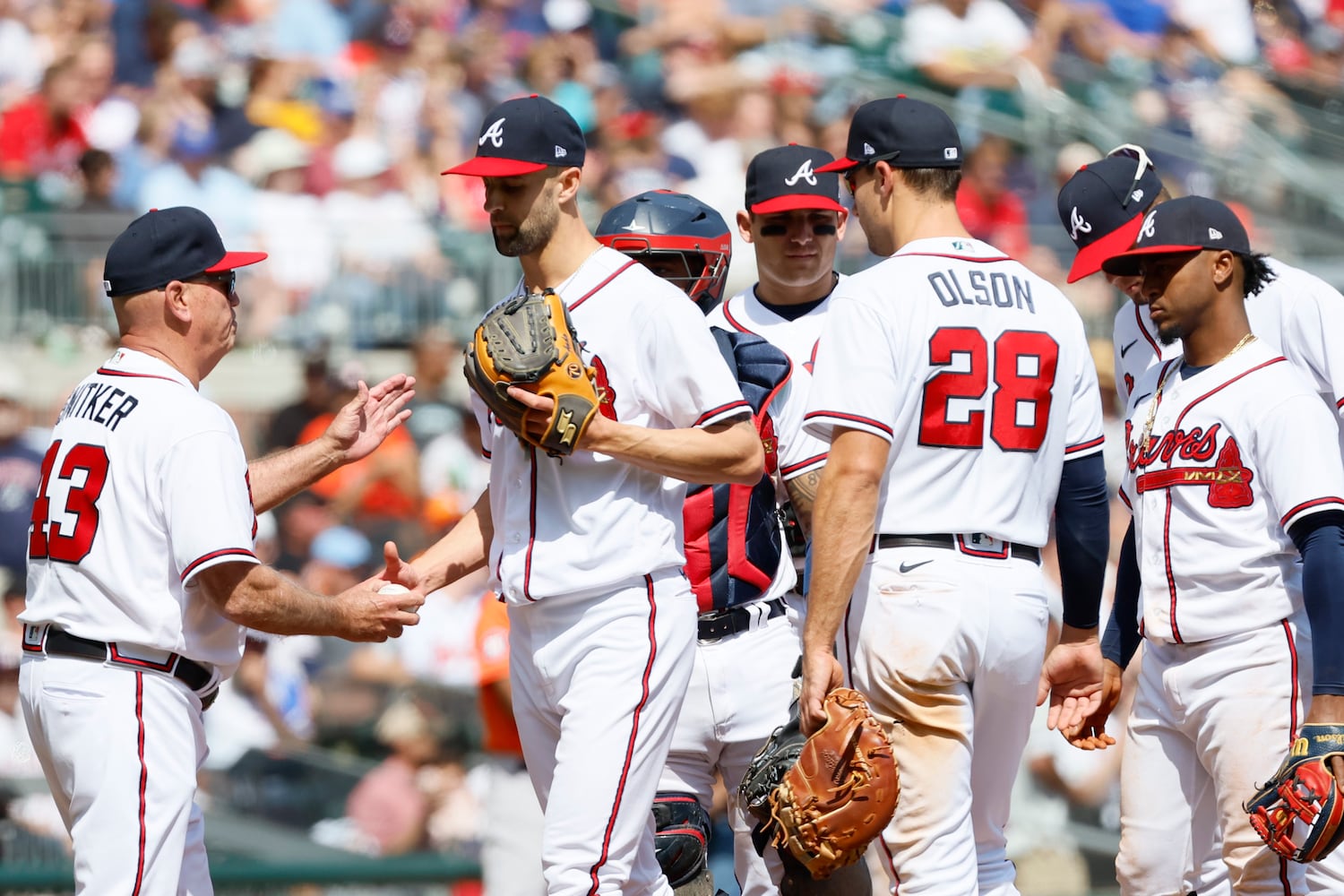 Braves relief pitcher Nick Anderson (61) leaves the mound after leaving the bases loaded at the top of the eighth inning against the Houston Astros at Truist Park, Sunday, April 23, 2023, in Atlanta. 
Miguel Martinez / miguel.martinezjimenez@ajc.com 