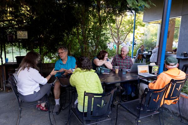 Patricia Sepulveda, Keith Fieldhammer, Frances Summers and Mark Harris send texts at IX Art Park in Charlottesville, Va., Thursday, Oct. 10, 2024. Charlottesville Democrats meet weekly to make phone calls, write postcards and send texts to get out the vote. (AP Photo/Ryan M. Kelly)