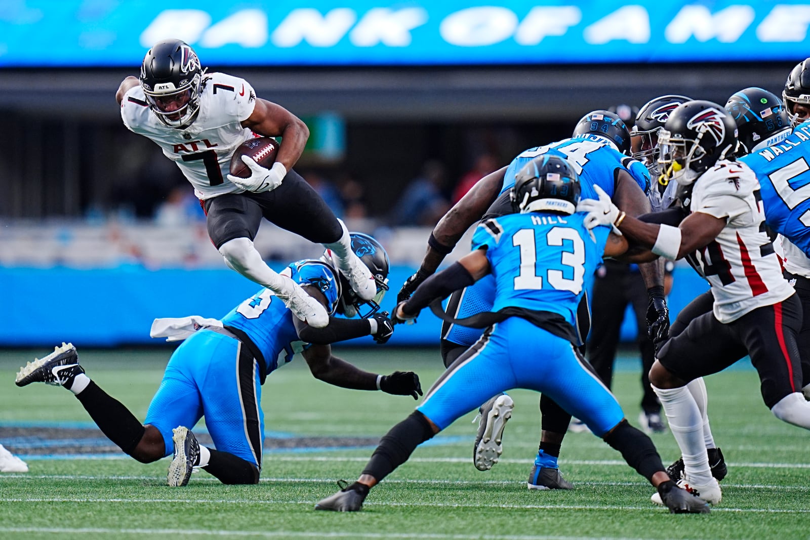 Running back Bijan Robinson (7) scored two touchdowns during the Falcons' win Sunday over the Carolina Panthers.