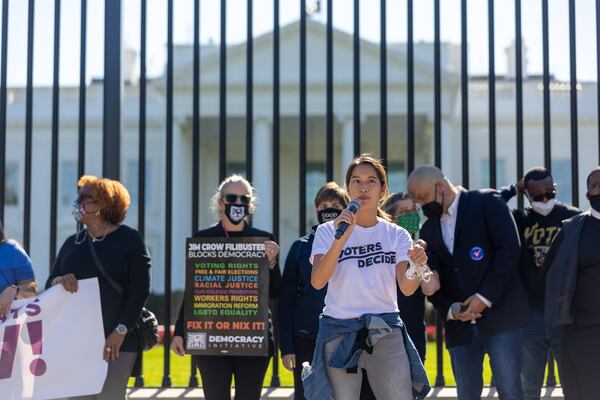 Georgia State Rep. and candidate for Georgia Secretary of State Bee Nguyen speaks during a demonstration outside of the White House about voting rights on October 19th, 2021 in Washington, DC. 