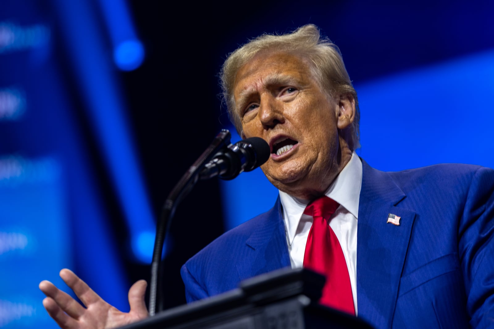 Republican presidential candidate Donald Trump speaks during a rally at Gas South Arena in Duluth on Wednesday, October 23, 2024. (Arvin Temkar / AJC)