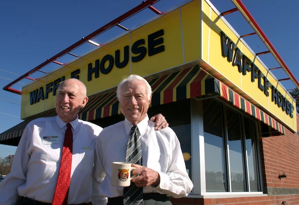 Joe Rogers Sr. (left) and Tom Forkner, who started the Waffle House chain 50 years ago, relinquished most operational control to Joe Rogers Jr. in 1973. / JESSICA MCGOWAN / Special