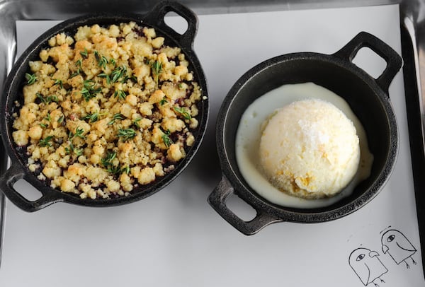 Peach and Blackberry Crisp with streusel, sweet corn Ice cream and thyme. (BECKY STEIN PHOTOGRAPHY)