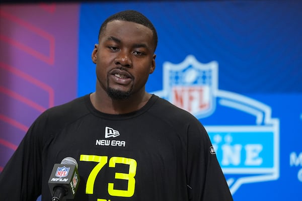 Georgia defensive lineman Mykel Williams speaks during a press conference at the NFL football scouting combine in Indianapolis, Wednesday, Feb. 26, 2025. (AP Photo/Michael Conroy)