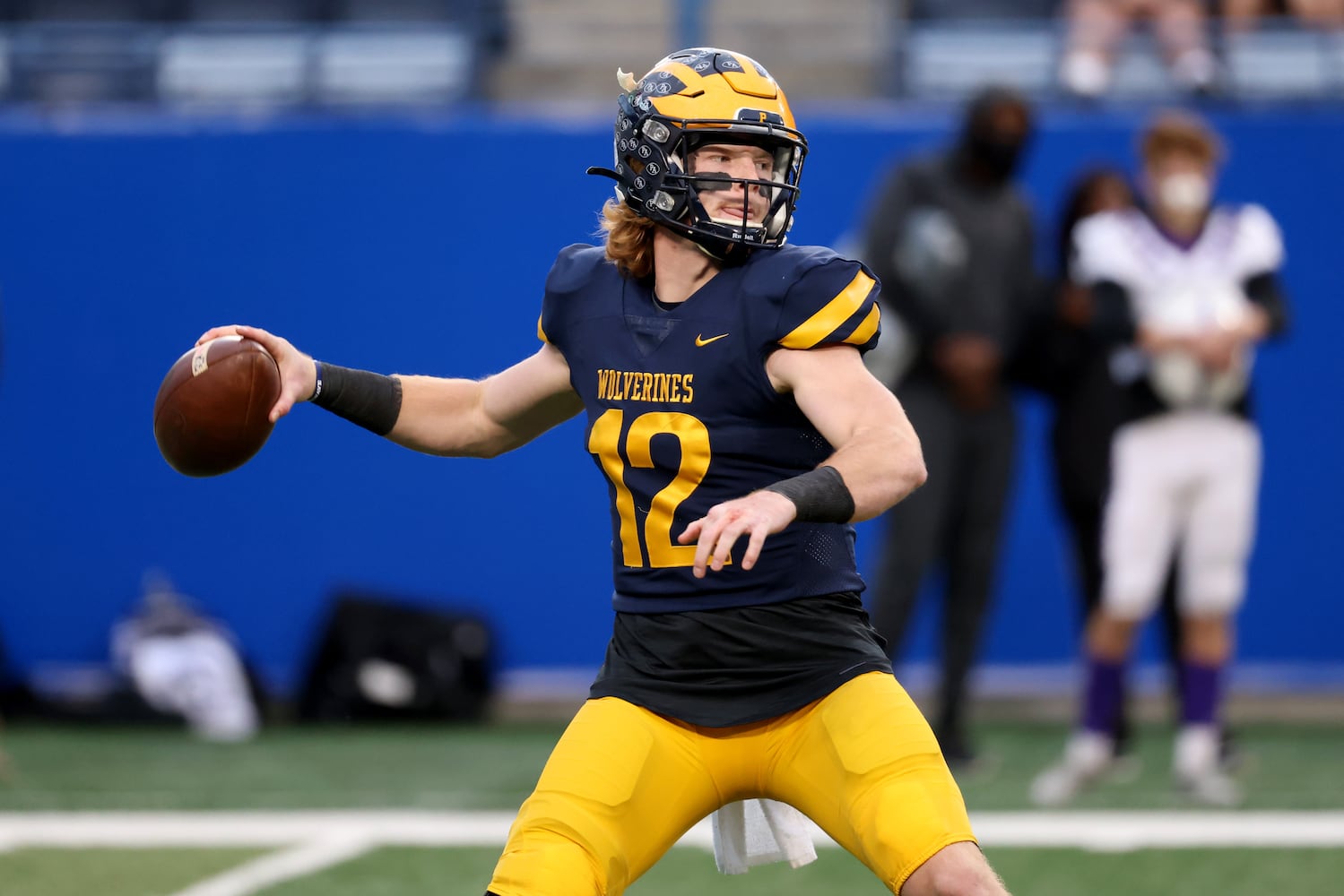 Prince Avenue Christian quarterback Brock Vandagriff (12) attempts a pass in the first half against Trinity Christian during the Class 1A Private championship at Center Parc Stadium Monday, December 28, 2020 in Atlanta, Ga.. JASON GETZ FOR THE ATLANTA JOURNAL-CONSTITUTION