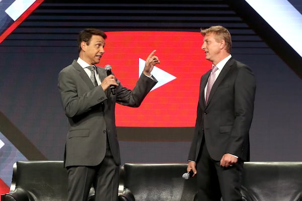  BEVERLY HILLS, CA - AUGUST 04: Actors Ralph Macchio (L) and William Zabka of 'Cobra Kai' speak onstage during the YouTube Red Originals Presentation portion of the 2017 Summer Television Critics Association Press Tour at The Beverly Hilton Hotel on August 4, 2017 in Beverly Hills, California. (Photo by Frederick M. Brown/Getty Images)