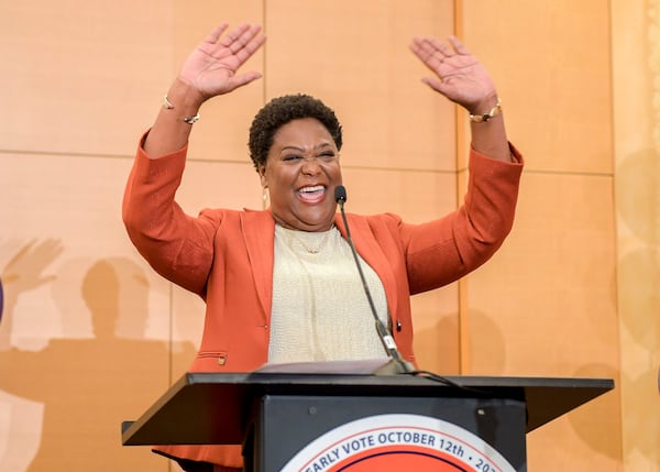 Atlanta mayoral candidate Felicia Moore addresses supporters after taking a commanding lead in the mayoral election Tuesday night. (Daniel Varnado/ For the Atlanta Journal-Constitution)