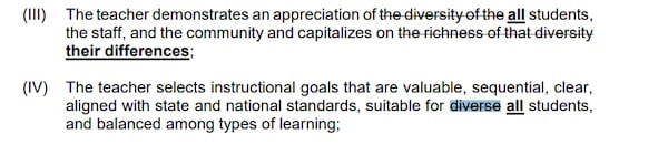 A sample of the proposed Georgia Professional Standards Commission rule changes that remove references to "diversity."