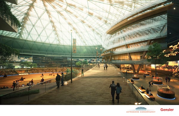 This artist rendering provided by Gensler Architects, shows some of the proposed mixed use spaces for renovations of the now dormant Astrodome unveiled during a press conference put on by the Astrodome Conservancy, Wednesday, Nov. 13, 2024, in Houston. (Gensler Architects via AP)