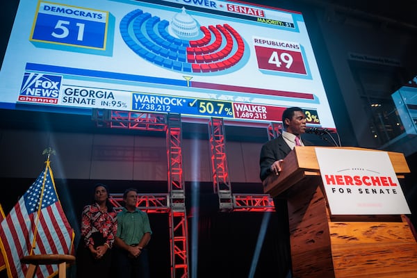 Republican candidate Herschel Walker speaks at his Senate runoff election night party at the College Football Hall of Fame in Atlanta on Tuesday, December 6, 2022. Walker lost against Democratic U.S. Sen. Raphael Warnock. (Arvin Temkar / arvin.temkar@ajc.com)