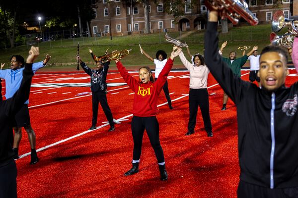 The Clark Atlanta University marching band practices at Panther Stadium at Clark Atlanta University in Atlanta on Thursday, October 10, 2024. (Arvin Temkar / AJC)