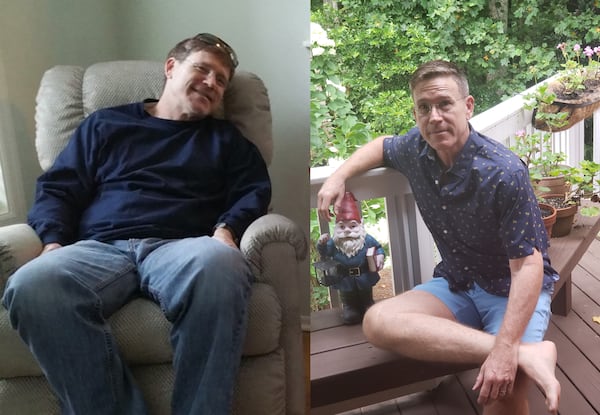 In the photo on the left, taken in 2018, Chuck Rose weighed 240 pounds. In the photo on the right, taken this month, he weighed 195 pounds. (Photos courtesy of Chuck Rose)