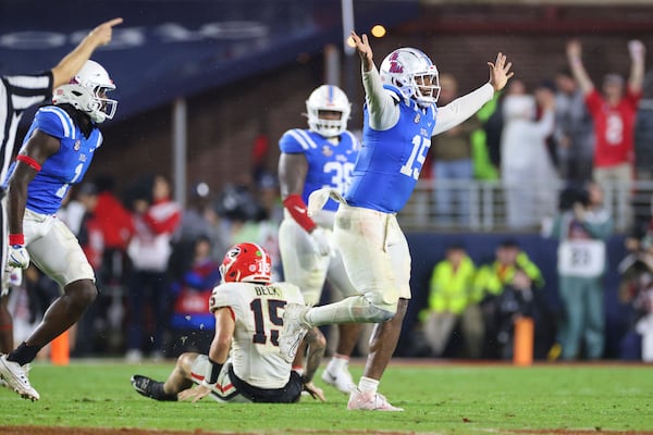 Mississippi defensive end Jared Ivey (15) react during the second half of an NCAA college football game against Georgia on Saturday, Nov. 9, 2024, in Oxford, Miss. Mississippi won 28-10. (AP Photo/Randy J. Williams)