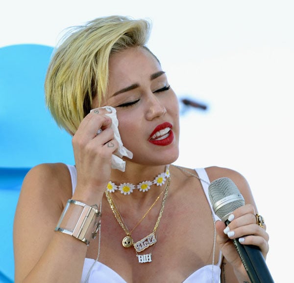 Miley gets emotional on stage for unrelated reasons. Getty Images