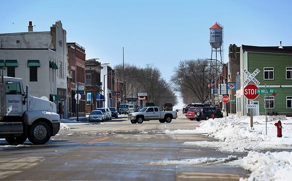 The Main Street business district in Blooming Prairie, Minn.