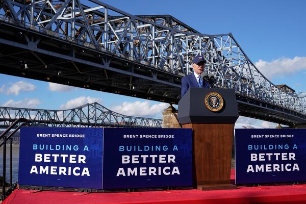 FILE - President Joe Biden speaks about his infrastructure agenda under the Clay Wade Bailey Bridge, Jan. 4, 2023, in Covington, Ky. (AP Photo/Patrick Semansky, File)