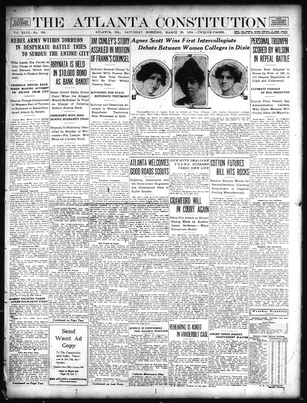 The Atlanta Constitution front page on March 28, 1914.