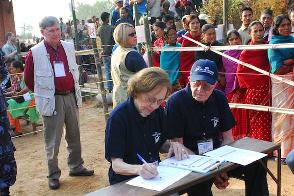 Working to build peace in Nepal since 2003, the Center observed the country’s first constituent assembly elections in 2008, and then conducted long-term political and constitutional monitoring until June 2013. Here President and Mrs. Carter observe voting in Bhaktapur. (Credit: The Carter Center)