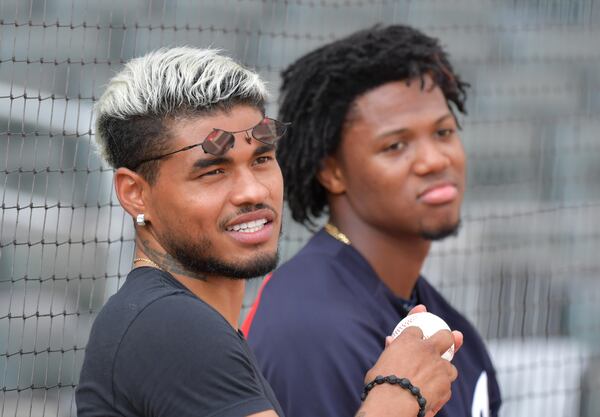 Atlanta United striker Josef Martinez (left) hangs with Braves outfielder Ronald Acuna before Game 1 of this year's NLDS. (Hyosub Shin / Hyosub.Shin@ajc.com)