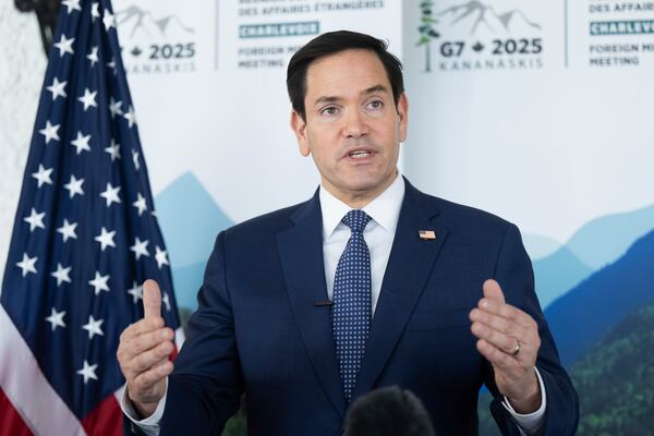 US Secretary of State Marco Rubio speaks with reporters following the G7 foreign ministers meeting in La Malbaie, Quebec, Canada, on Friday, March 14, 2025. (Saul Loeb, Pool Photo via AP)