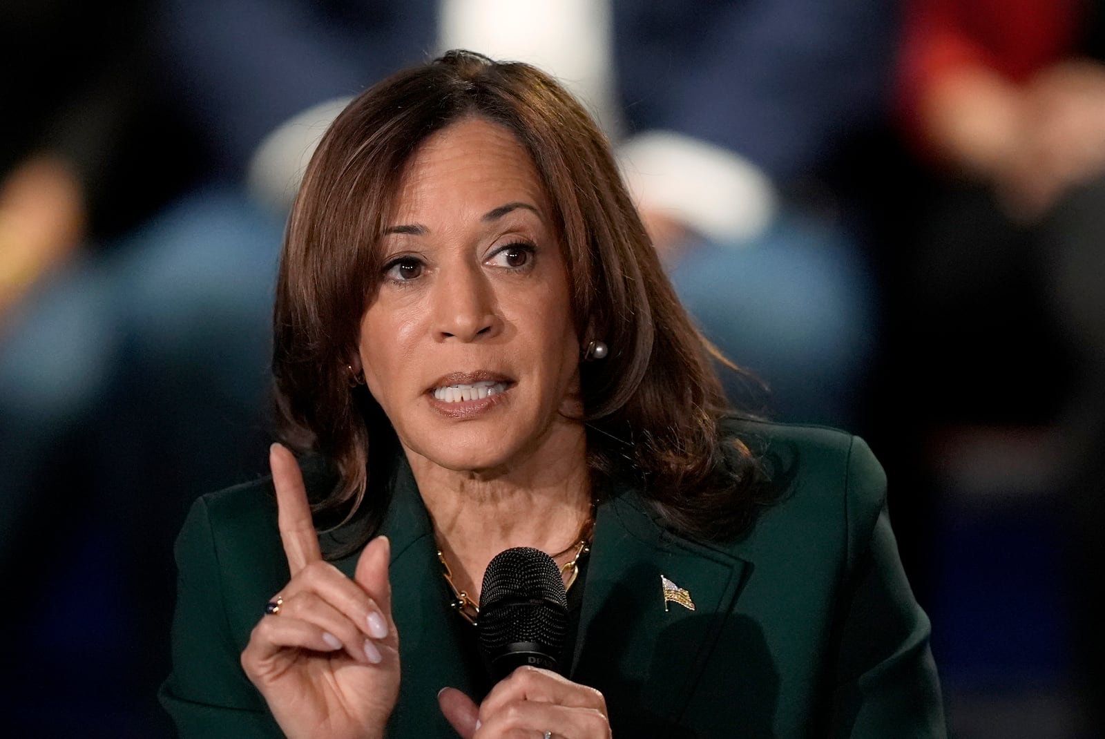 Democratic presidential nominee Vice President Kamala Harris speaks during a town hall at the Royal Oak Theatre in Royal Oak, Mich., Monday, Oct. 21, 2024. (AP Photo/Carlos Osorio)