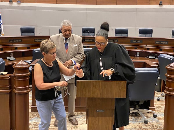 Cathy Woolard, former Atlanta City Council president, was sworn in Wednesday, Sept. 29, 2021 as chair of Fulton County’s board of registration and elections. (Ben Brasch/AJC)