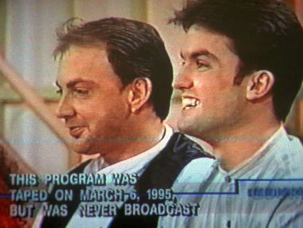 Murder victim Scott Amedure, left, and his killer, Jonathan Schmitz, both of Lake Orion, Michigan, are seen in a video still from an unaired "Jenny Jones" segment filmed on March 6, 1995, in Chicago. Schmitz, who gunned down Amedure three days after learning on camera that Amedure had a same-sex crush on him, was released from prison Tuesday after serving 22 years for murder. (AP Photo)