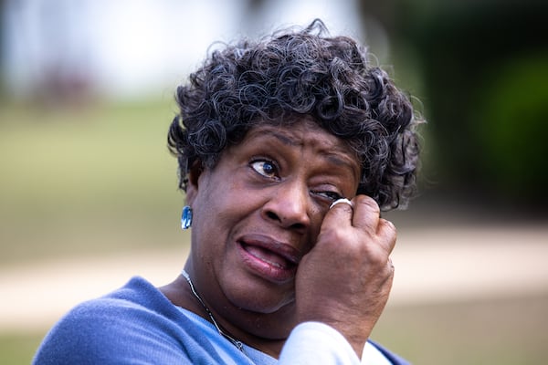 Brenda Smith gets emotional while talking about President Jimmy Carter outside Maranatha Baptist Church in Plains after a service on Sunday, February 26, 2023. (Arvin Temkar / arvin.temkar@ajc.com)