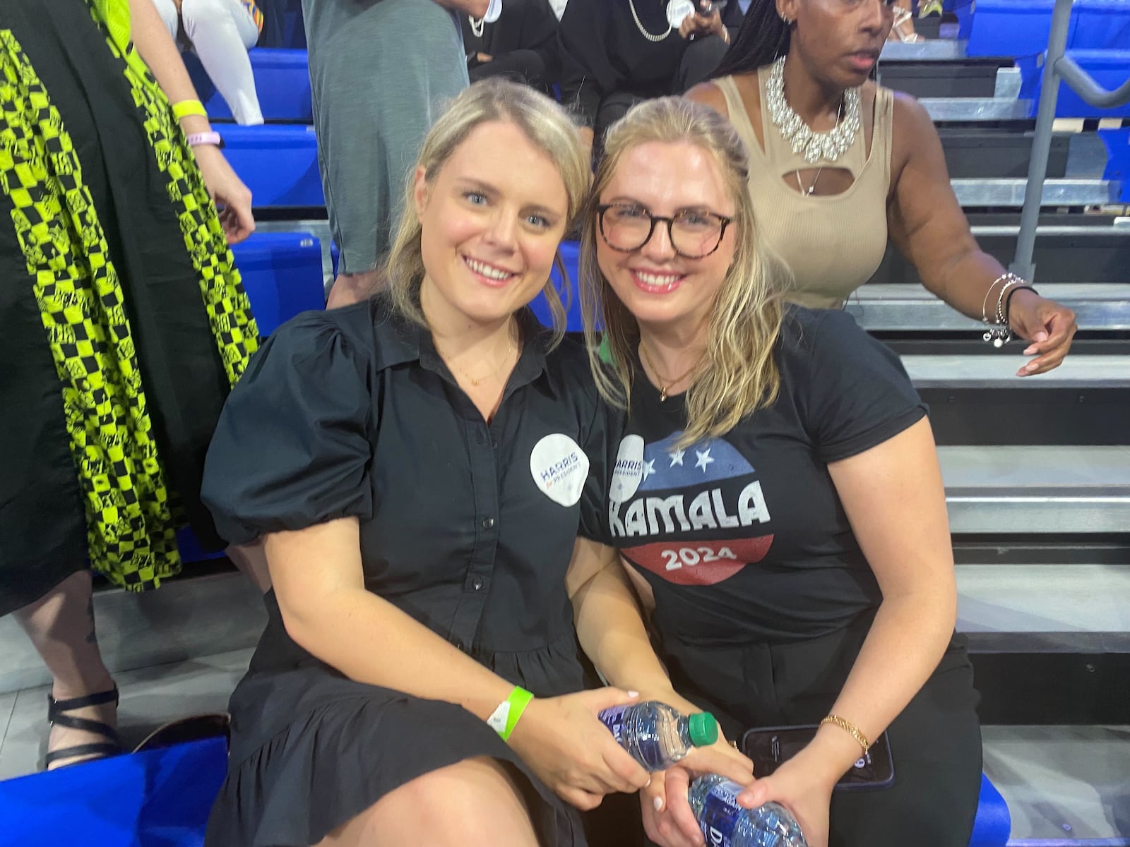 Gracie Bulleit (left) and Samantha Bush await the arrival of Vice President Kamala Harris on Tuesday, July 30, 2024, in Atlanta. (Photo: Vanessa McCray)