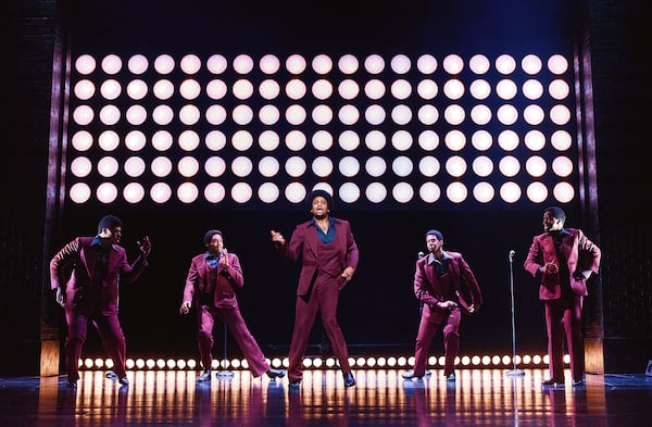 From left, Harrell Holmes Jr., Jalen Harris, Harris Matthew, Marcus Paul James, James T. Lane play the Temptations in “Ain’t Too Proud” at the Fox Theatre. 
Courtesy of Emilio Madrid.