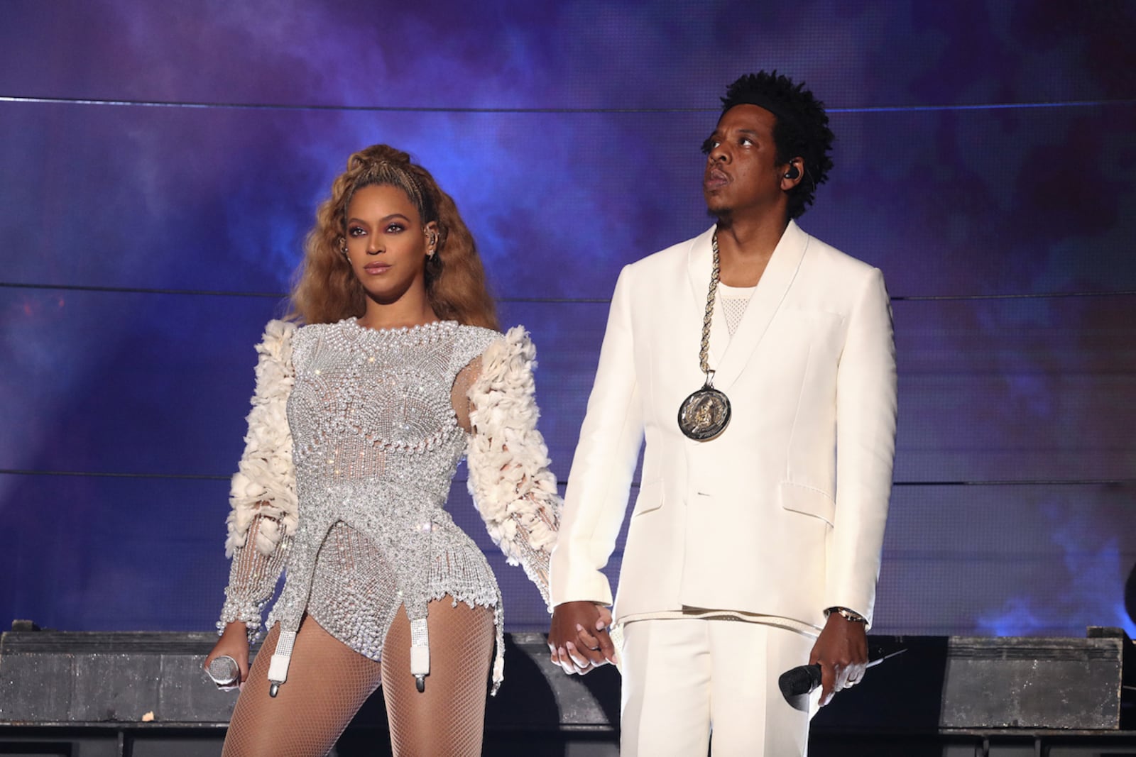 Beyonce and Jay-Z survey the crowd at Mercedes-Benz Stadium on Aug. 25, 2018.